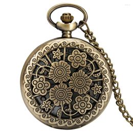 Pocket Watches Vintage Bronze Hollow Blooming Flowers Pretty Quartz Watch Necklace Chain Women Flower Pendant Gift Relogio De Bolso