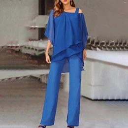 Women's Two Piece Pants Women Elegant Chiffon Suit One-Shoulder Batwing Sleeves Irregular Tops High Wasits Loose Wide Leg Pant Ladies Casual