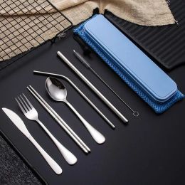 Top Stainless Steel Flatware Set Portable Cutlery Set For Outdoor Travel Picnic Dinnerware Set Metal Straw With Box And Bag Kitchen Utensil