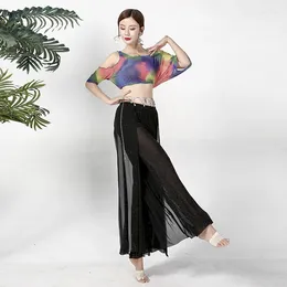 Women's Two Piece Pants #9808 Woman S Tops Tie Dye Sexy Off Shoulder High Waist Elastic Long Trousers Mesh See Through Belly Dance Clothes