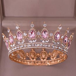 Fashion Luxury Circle Pink Crystal Queen Crowns Full Round Bridal Tiara For Wedding Party Women Rhinestone Hair Accessories X06252900