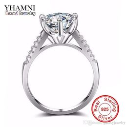 YHAMNI Pure Solid 925 Silver Rings Set Big 2 ct Diamond Engagement Ring Real Silver Wedding Rings for Women XJR039331M