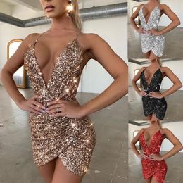 Sexy Women Short Mini Dress Sequins Glitter Sparkle Deep V Neck Halter Backless Bodycon Evening Party Wrap Hip Package2593