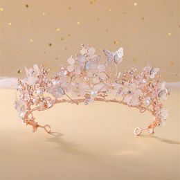Wedding Hair Jewelry Baroque Rose Gold Crystal Butterfly Pearls Bridal Tiaras Crowns Diadem Headpiece Vine Tiara Accessories 23011217R