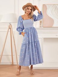 Casual Dresses Wsevypo Autumn Embroidery Flower Flowy Hem A-Line Dress Women's Puff Long Sleeve Square Neck For Beach Holiday