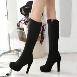 Dress Shoes Black Grey Women Flock Square High Heel Knee High Boots Fashion Platform Zipper Boots Autumn Winter Woman Shoes Brown Wine Red 231031