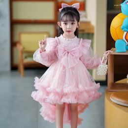 Girl Dresses 2023 Autumn Winter Girls' Performance Dress Sweet Bow Small Tail Long Sleeve Birthday Princess Ball Gown Flower Girls