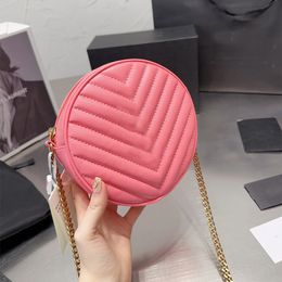 Designer Line Pattern Small Round Bag Shoulder Evening Bags Cowhide Material Hardware Chain Letter Badge High Quality Makeup Bag Purse Zip Closure