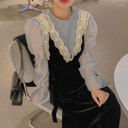 Work Dresses Hollow Out Back Transparent Flare Sleeve Shirt Lace Up Tops V-neck Black Velvet Strap Dress Vintage Fashion Chic Shirts