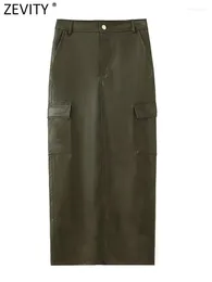 Skirts ZEVITY Women Safari Side Pockets Patch Zipper Faux Leather Slim Midi Skirt Vintage Female Back Zplit Mujer QUN5281