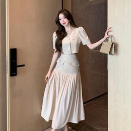 Work Dresses Women 2023 Small Fragrance Solid V Neck Single Breasted Bubble Sleeve Suit High Waist Half Skirt Fashion Casual Set