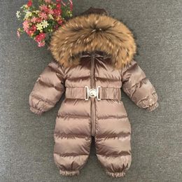 Rompers Russian Winter Boys Girls 15Y Winter Overalls Baby Rompers Duck Down Jumpsuit Real Fur Collar Children Outerwear Kids Snowsuit 231031