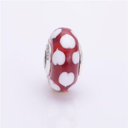 Red and white murano hearts S925 silver fits style bracelets 790948 H8183c