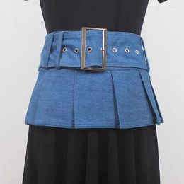 Belts Women's Runway Fashion Blue Denim PU Leather Cummerbunds Female Dress Corsets Waistband Decoration Wide Belt R992