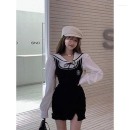 Work Dresses Korean Preppy Style Suit Women's Summer Sailor Collar Shirt Black Wrap Hip Strap Dress Two-piece Set Fashion Female Clothes