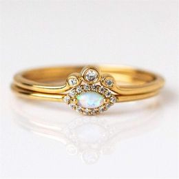 Wedding Rings 2 Pcs Delicate Dainty Women Small Cute Ring Set Gold Filled Cz Opal Stone Tiny Engagement248R