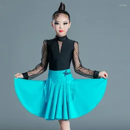 Stage Wear Black Mesh Sleeves Latin Top Blue Fringes Skirts Children Dance Dress For Girls Ballroom Dancing Costume SL5517