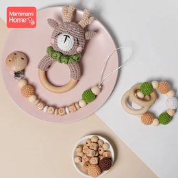 Teethers Toys 1Pc Baby Wooden Teether Crochet Plush Animal Ring Music Rattle Bracelet DIY Customized Pacifier Chain Montessori Gifts 231031