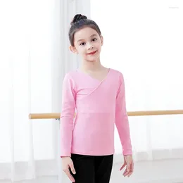 Stage Wear Girls Front Cross V-Neck Ballet Tops Teen Cotton Sports T-shirt Kids Crop Yoga Dance Long Sleeves
