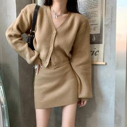 Work Dresses Autumn Winter Womens Two Piece Set Elegant Fashion Knitted Sweater Long Sleeve Cardigan Coat & Mini Skirts Suit Lady Clothes