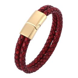 Charm Bracelets Double Layer Retro Red Braided Leather Bracelet Men Stainless Steel Magnetic Clasp Bangles Fashion Jewelry Male Wr240S