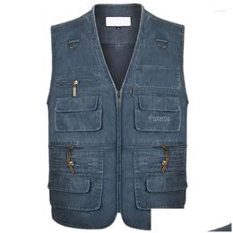 Mens Vests Plus Size 6Xl 7Xl Male Casual Summer Cotton Denim Vest Sleeveless Jacket Mti Pocket Pograph Waistcoat Men Drop Delivery A Dhikf