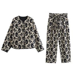 Women's Two Piece Pants UNIZERA Autumn Women's Animal Print Casual Cotton Coat Jacket Paper Bag High Waist Straight Leg Pants Fashion Set 231031