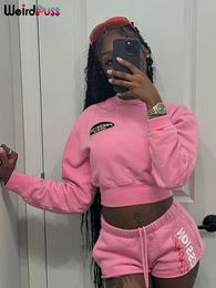Two Piece Dress Weird Puss Fall Women Letter Print Sporty 2 Set Tracksuit O Neck Pullover Tops Shorts Matching Streetwear Casual Outfits 231031