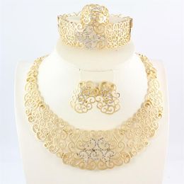 African Jewellery Sets Fashion 18K Gold Plated Flower Rhinestone Necklace Ring Bracelet Earring Bride Wedding Party Set2578