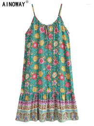 Casual Dresses Vintage Chic Women Green Floral Print Sleeveless Spaghetti Strap Beach Bohemian Ladies Summer Boho Midi Dress Robe