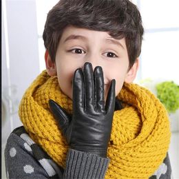 Children's Finger Gloves Children Autumn Sheepskin Plus Velvet Thick Boys Winter Solid Warm Glove Girls Genuine Leather Points Mitten SXL 231031