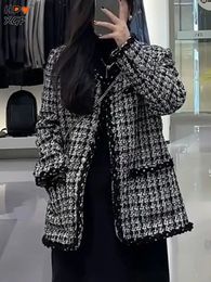 Women's Jackets Elegant Plus Size S-4xl Tweed Plaid Jackets Korean Fashion O-neck Single Breasted Big Pocket Coats Streetwear Women Casual Tops 231031
