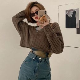 Women's Sweaters Korean Loose Knitted Brown Sweater Female Fashion Oversized Pullovers Women Fall Winter V Neck Cropped Tops Solid Jumpers