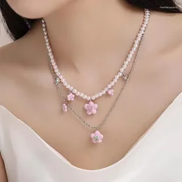 Pendant Necklaces Mewanry Sweet Elegant Necklace For Women Double-layered Pearl Chain Flower Geometric Zircon Wedding Bride Jewelry Gifts