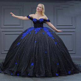 Black Shiny Quinceanera Dress Sweetheart Princess Blue Flower Beads Vestidos De 15 Anos Sweet Formal Birthday Party Ball Gown