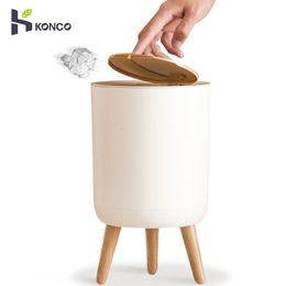 Waste Bins Konco High Foot Trash Can Plastic Desktop Press Cover Dustbin Round Trash Bin Living Room Toilet Kitchen Garbage Bucket 231031