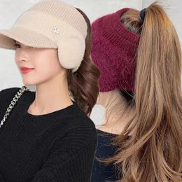 Ball Caps Autumn Winter Hollow Top Knitted Woolen Bomber Hat Ear Protection Thickened Warm Women's Fashion Baseball Cap