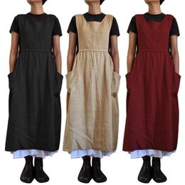 Work Dresses Plus Size For Women 2022 Solid Color Sleeveless Square Neck Pockets Cotton Linen Apron Loose Long Dress Casual Overal240U