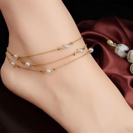 Vintage Women Faux Pearl Beaded Multi Layers Ankle Bracelet Anklet Beach Jewelry Woman's Accesories Anklets268b