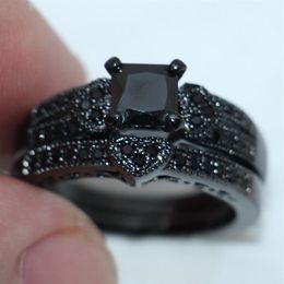 whole Fashion Three-heart Black Simulated Diamond CZ Jewellery ring 10kt Black gold filled Wedding Band Ring Set for Women Size 255f