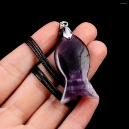 Pendant Necklaces Natural Stone Small Fish Shape Leather Rope Necklace Fluorite Flash Labradorite Amethysts Agate Jewellery Gift 40x20mm