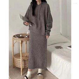 Two Piece Dress Autumn Winter Hooded Knitwear Loose Outfits Sweate Women Korean Harajuku Style Casual Knitted Tops And Long Skirt Suit