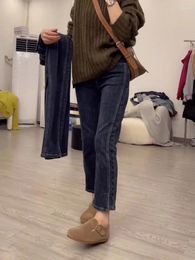 Women's Jeans 2023 Autumn Korean Women Casual Pockets Solid Slim Fit Straight Denim Pants High Waist Regular Long Trousers Splice