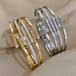 Bangle AENSOA Trendy Charm Gold Colour Zircon Intersect Stainless Steel Wide Bangles Bracelets For Women Chunky Wrist Jewellery