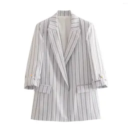 Women's Suits Roll-up Sleeves Blazer Women Elegant Casual White Striped Jackets Faux Linen Texture Chic Lady Female Clothing 2023