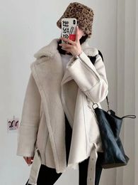 Women's Jackets Streetwear Women Thick Warm Suede Leather Jacket Fur Coat with Belt Autumn Winter Female Moto Biker Loose Outerwear 231031