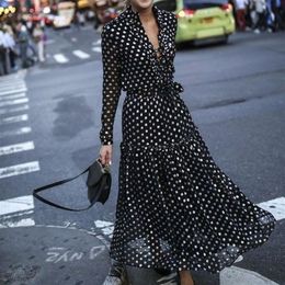 Bohemian Style Women's Sexy Vintage Maxi Polka Dot V-Neck Wrap Dress Elegant Evening Party High Waist Dresses Y200326340O