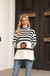 Women's Sweaters Striped Turtleneck Sweater Long Sleeve Oversized Knitted Soft Pullover Side Split