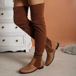 Fashion Sexy Plush Spliced Square Heel Boots Womens Round Head Side Zipper Chelsea Over Knee Roman Style 230922