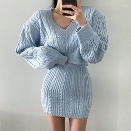 Work Dresses Knitted Sweater Two Pieces Skirt Sets Women 2023 Autumn Winter Warm Suit Elegant Lady Bodycon High Waist Mini Outfits
